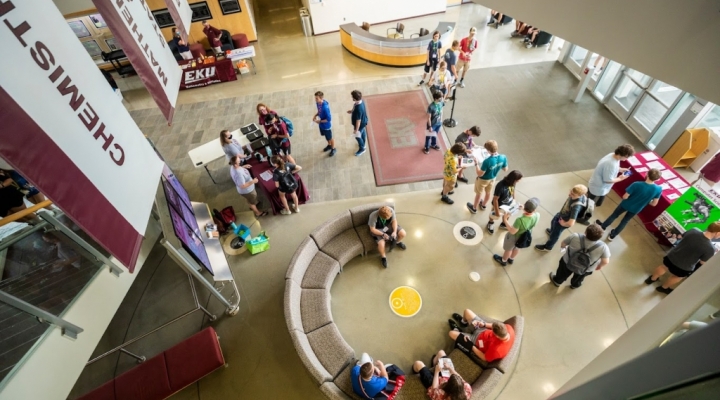 Overhead look at the New Science Building Lobby